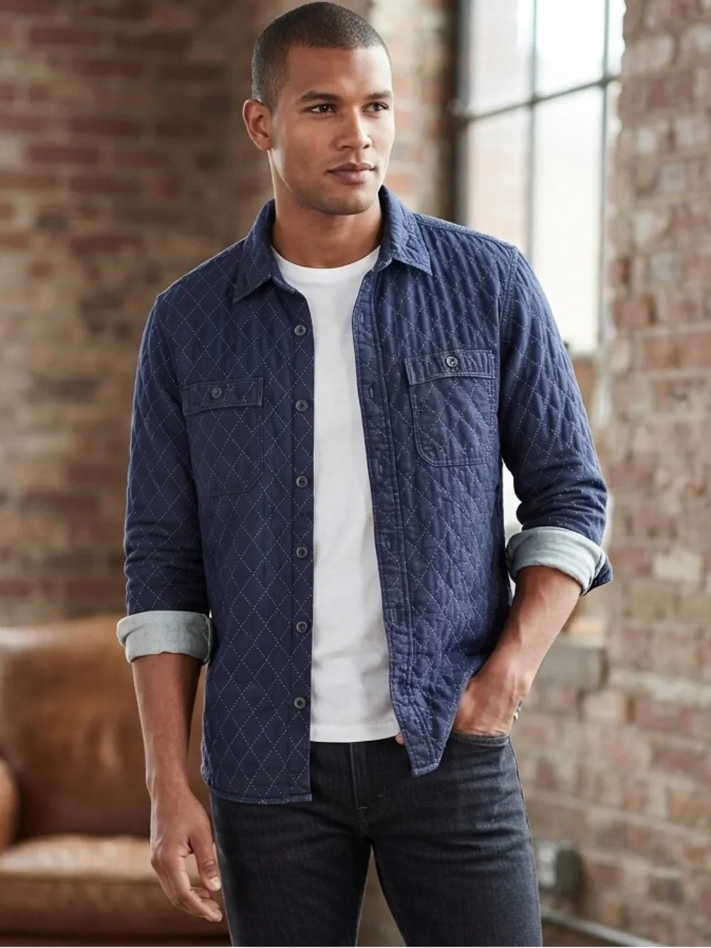 Banana Republic Blue Diamond Quilted look Long Sleeve Shirt Jacket Sz Medium